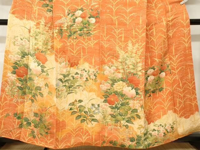 平和屋着物■訪問着 芒草花文 暈し染め 鬼しぼ縮緬 正絹 逸品 CABN1204ev