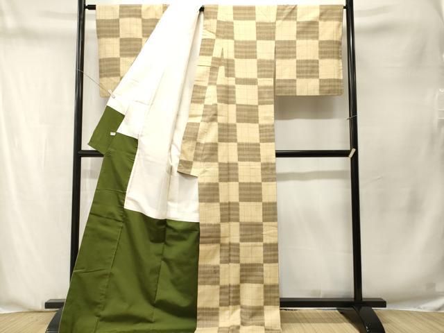平和屋着物■上質な紬 市松格子文 ロング丈 正絹 逸品 CABN1354ev