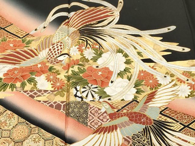 平和屋着物■豪華黒留袖 絞り 鳳凰蜀江御所車花文 暈し染め 金銀彩 正絹 逸品 CABN1388ev