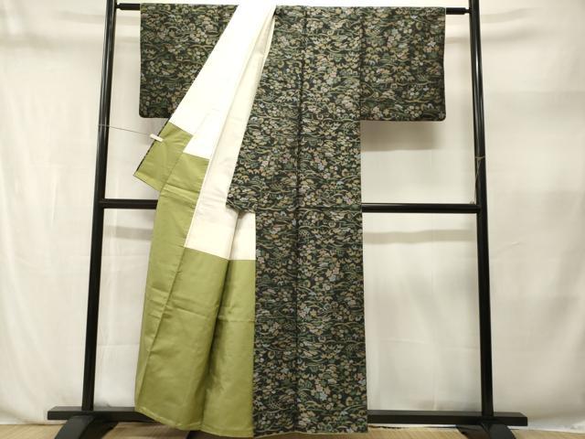 平和屋着物■上質な紬 籬芝草花文 黒地 正絹 逸品 CABN1397ev