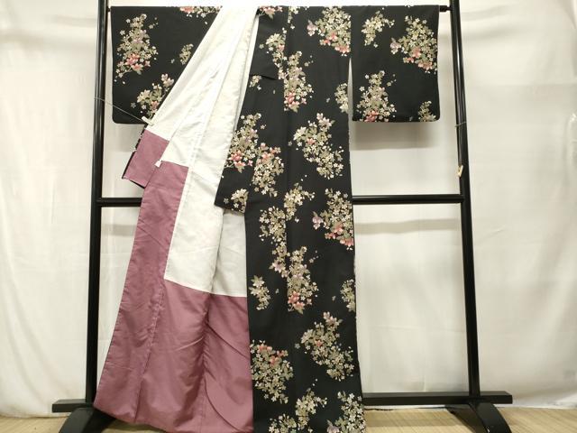 平和屋着物■小紋 枝花文 黒地 洗える着物 CABN1455ev
