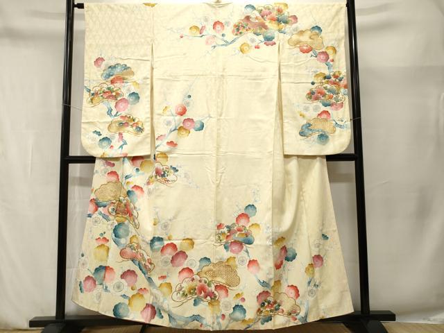 平和屋着物■小振袖 駒刺繍 枝梅松花文 金彩 洗える着物 CABN1467ev