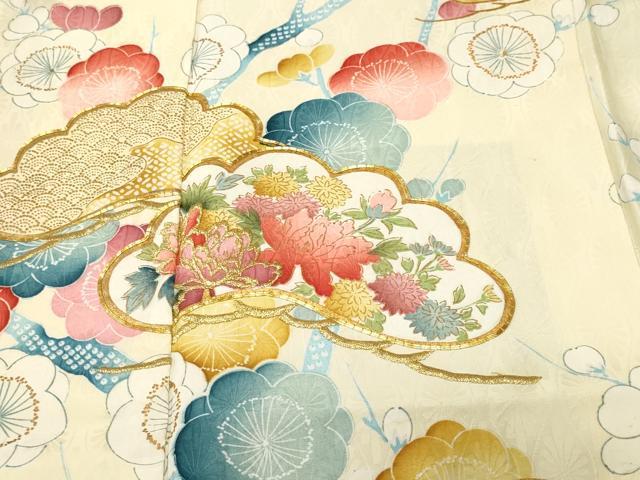 平和屋着物■小振袖 駒刺繍 枝梅松花文 金彩 洗える着物 CABN1467ev