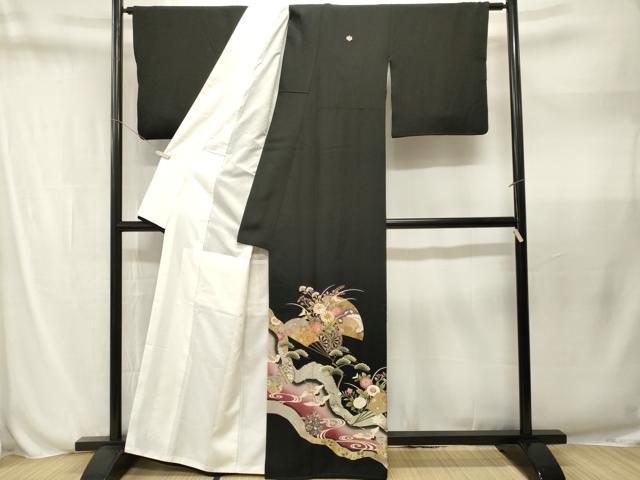 平和屋着物■豪華黒留袖 駒刺繍 扇面花車文 仕覆飛鶴文 暈し染め 金彩 正絹 逸品 CABN1589ev