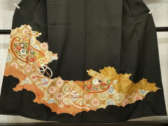 平和屋着物■豪華黒留袖 駒刺繍 絵巻天井花文 金彩 正絹 逸品 CABN1783ev