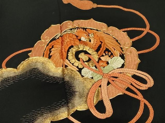 平和屋着物■豪華黒留袖 駒刺繍 鏡裏鳳凰花文 正絹 逸品 CABN1837ev