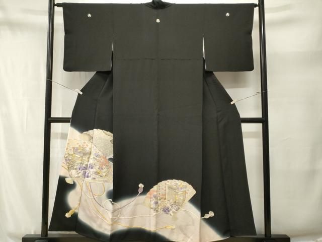 平和屋着物■豪華黒留袖 駒刺繍 檜扇蜀江御所車花文 暈し染め 金銀彩 正絹 逸品 CABN1884ev