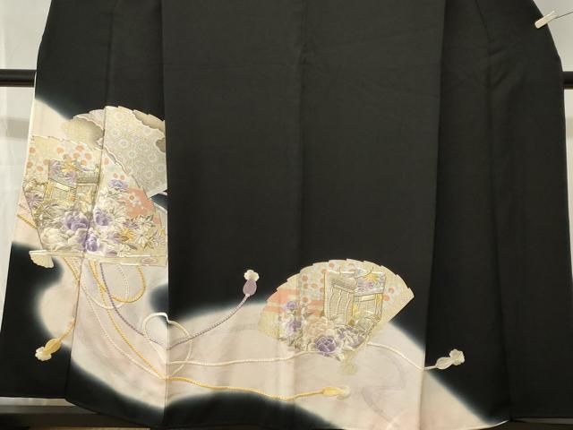 平和屋着物■豪華黒留袖 駒刺繍 檜扇蜀江御所車花文 暈し染め 金銀彩 正絹 逸品 CABN1884ev