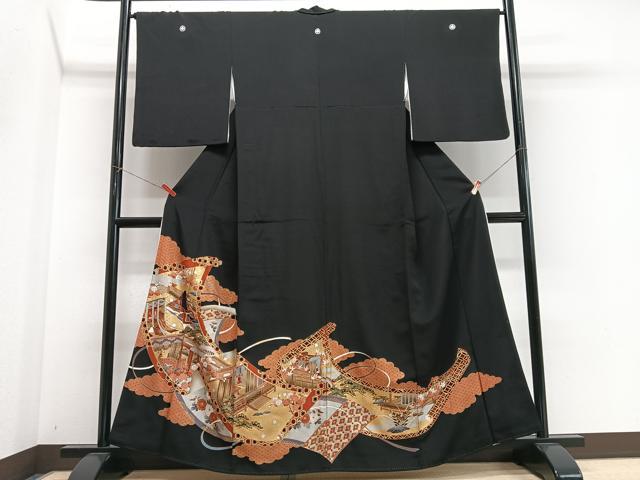 平和屋着物■豪華黒留袖 御所車吉祥花文 十二単 金彩 正絹 逸品 CABN2081xe