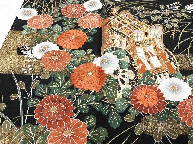 平和屋着物■豪華黒留袖 駒刺繍 御所車草花文 金彩 正絹 逸品 CABN2086xe