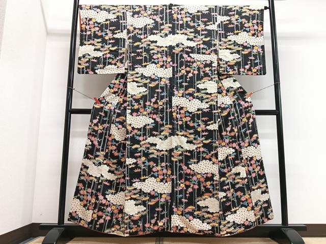 平和屋着物■上質な小紋 絞り 松竹梅 黒地 正絹 逸品 CABN2147xe