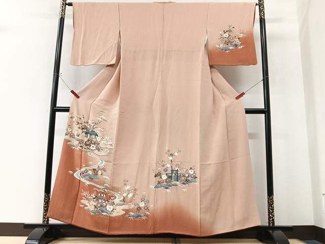 平和屋着物■訪問着 流水風景花文 暈し染め 金彩 鬼しぼ縮緬 正絹 逸品 CABN2238xe