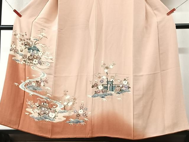 平和屋着物■訪問着 流水風景花文 暈し染め 金彩 鬼しぼ縮緬 正絹 逸品 CABN2238xe