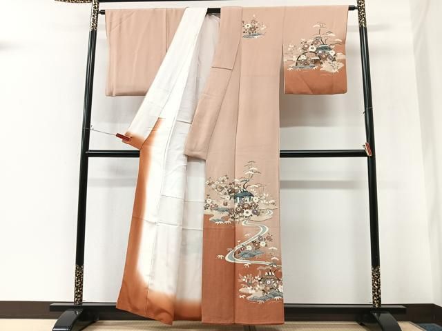 平和屋着物■訪問着 流水風景花文 暈し染め 金彩 鬼しぼ縮緬 正絹 逸品 CABN2238xe
