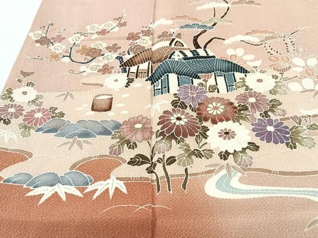 平和屋着物■訪問着 流水風景花文 暈し染め 金彩 鬼しぼ縮緬 正絹 逸品 CABN2238xe