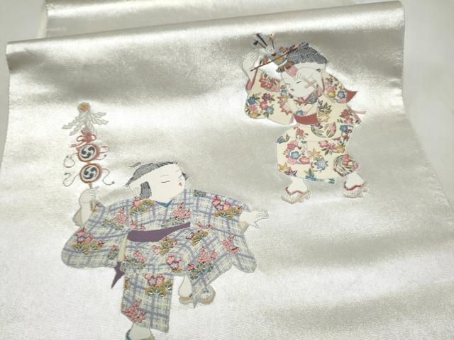 平和屋着物●加賀友禅の巨匠 初代 由水十久 西陣 長嶋成織物 ながしま帯 太鼓柄袋帯 童子遊び譜 瀞銀錦 正絹 逸品 CABN2402hy