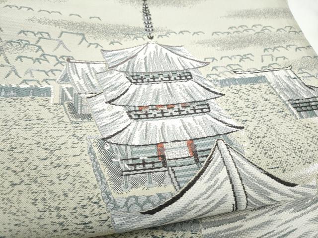 平和屋着物●六通柄袋帯 風景文 銀糸 正絹 逸品 CABN2436hy