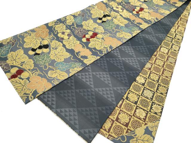 平和屋着物●両面 両方向 全通柄袋帯 金華山織 モール織 葡萄蔦の葉文 金糸 正絹 逸品 CABN2483hy