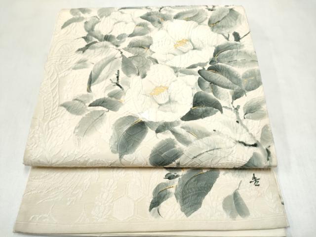 平和屋着物●太鼓柄袋帯 作家物 ふくれ織 椿 正絹 逸品 CABN2490hy