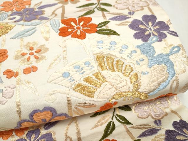 平和屋着物●六通柄袋帯 唐織 花蝶文 金糸 正絹 逸品 CABN2495hy