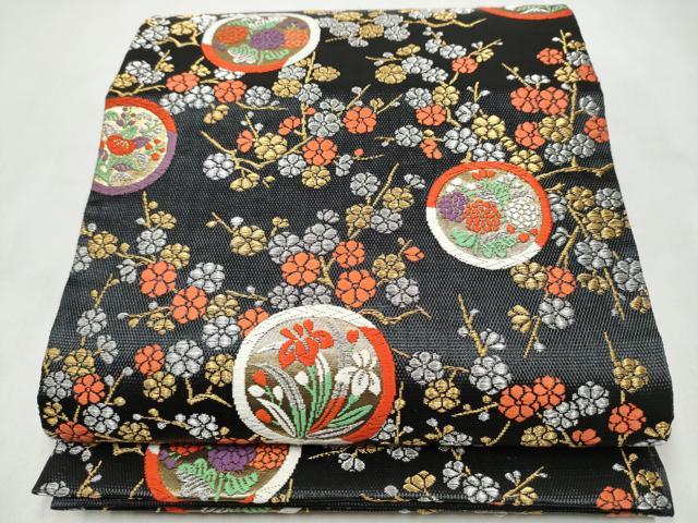 平和屋着物●西陣の名門 加納幸謹製 六通柄袋帯 唐織 草花丸文 黒地 金銀糸 正絹 逸品 CABN2521hy