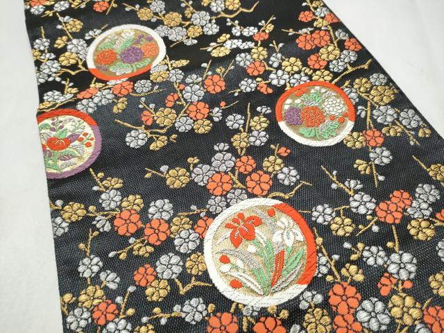 平和屋着物●西陣の名門 加納幸謹製 六通柄袋帯 唐織 草花丸文 黒地 金銀糸 正絹 逸品 CABN2521hy