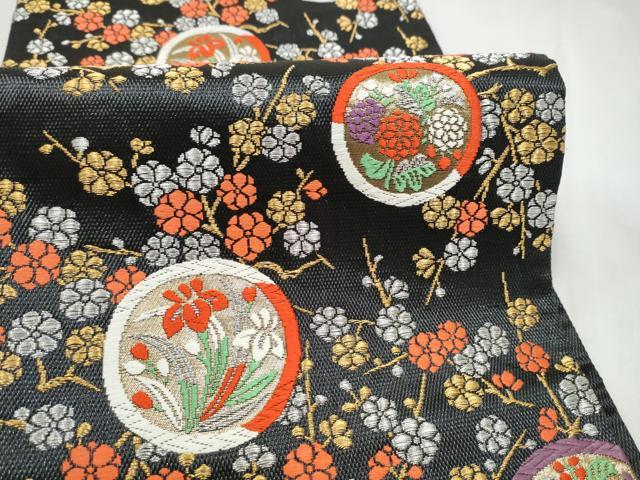 平和屋着物●西陣の名門 加納幸謹製 六通柄袋帯 唐織 草花丸文 黒地 金銀糸 正絹 逸品 CABN2521hy