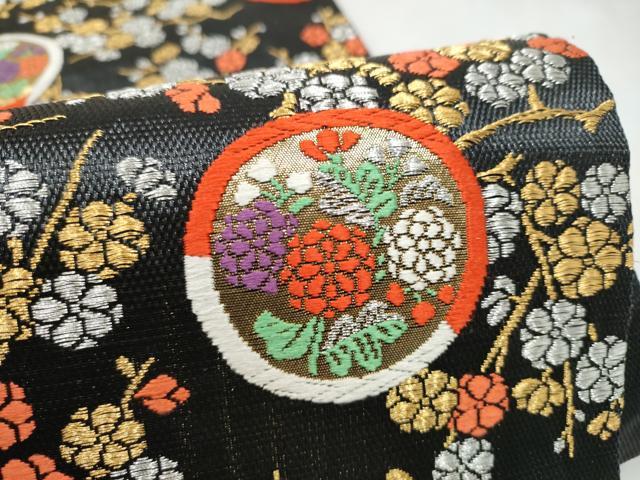 平和屋着物●西陣の名門 加納幸謹製 六通柄袋帯 唐織 草花丸文 黒地 金銀糸 正絹 逸品 CABN2521hy
