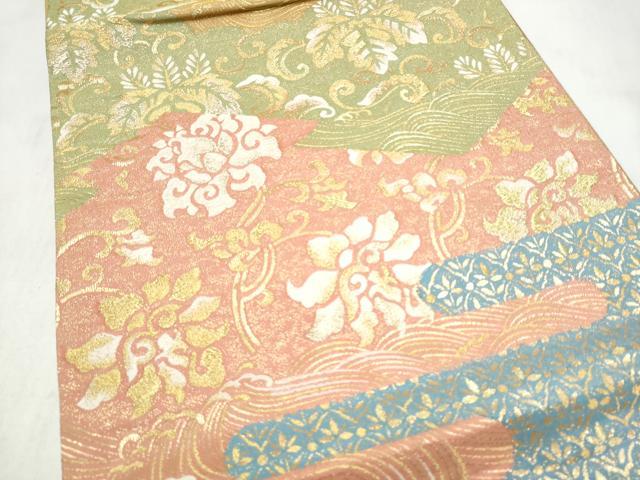平和屋着物●六通柄袋帯 流水花文 金糸 正絹 逸品 CABN2543hy