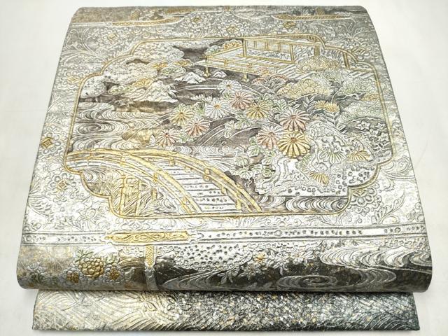 平和屋着物●太鼓柄袋帯 金唐革 風景草花文 金銀彩 逸品 CABN2687hy
