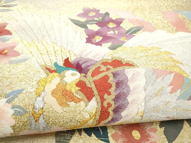 平和屋着物●爪搔き本綴れ 太鼓柄袋帯 鳳凰花文 金銀糸 正絹 逸品 CABN2688hy