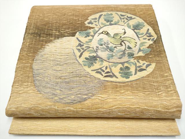 平和屋着物●太鼓柄袋帯 すくい織 絵皿花鳥文 金糸 正絹 逸品 CABN2727hy