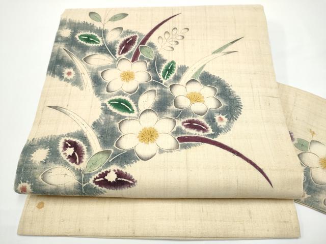 平和屋着物●九寸名古屋帯 紬地 枝花文 正絹 逸品 CABN2781hy