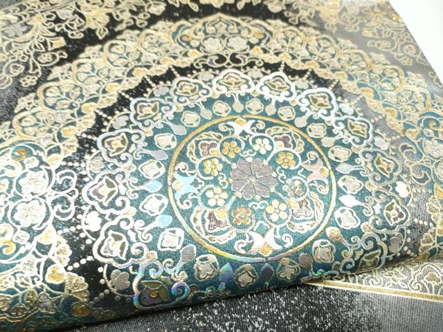 平和屋着物●玉虫金彩 加藤信和 西陣 京藝謹製 六通柄袋帯 螺旋 舞花文 黒地 金彩 共箱・証紙付き 正絹 逸品 未使用 CABN2798hy