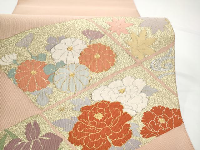 平和屋着物●名門 浅田綴 爪掻き本綴れ 八寸名古屋帯 菱取菊牡丹文 金糸 共箱・品質保証書付き 正絹 逸品 CABN2800hy