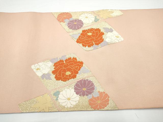 平和屋着物●名門 浅田綴 爪掻き本綴れ 八寸名古屋帯 菱取菊牡丹文 金糸 共箱・品質保証書付き 正絹 逸品 CABN2800hy