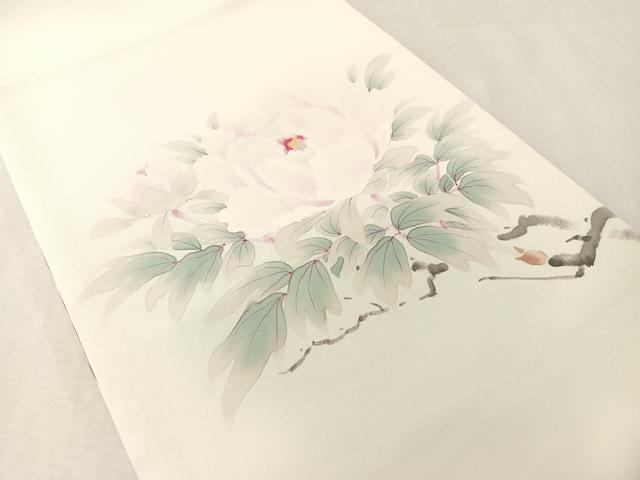 平和屋着物●塩瀬 染色作家 桐山紫香 手描き 太鼓柄袋帯 手描き 枝牡丹 正絹 逸品 未使用 CABN2814vp