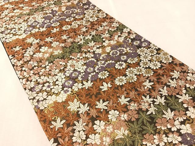 平和屋着物●西陣 織元謹製 六通柄袋帯 有職唐織 草花尽くし 黒地 金糸 正絹 逸品 CABN2823vp