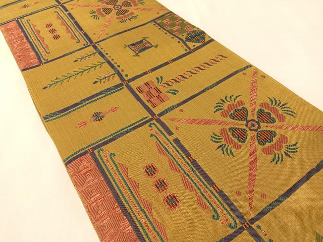 平和屋着物●六通柄 本袋帯 幾何学花文 正絹 逸品 未使用 CABN2835vp