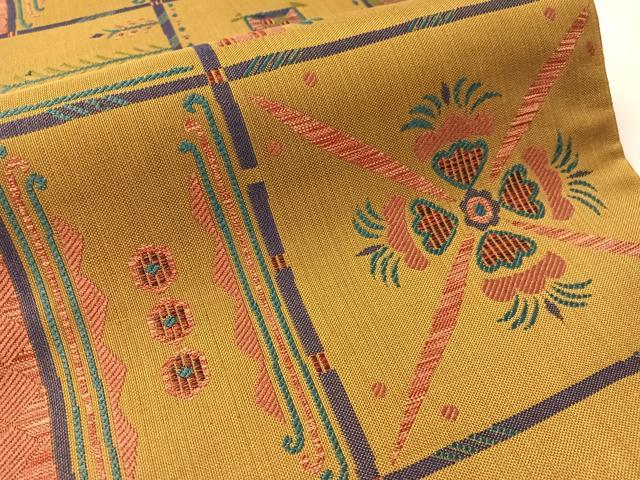 平和屋着物●六通柄 本袋帯 幾何学花文 正絹 逸品 未使用 CABN2835vp