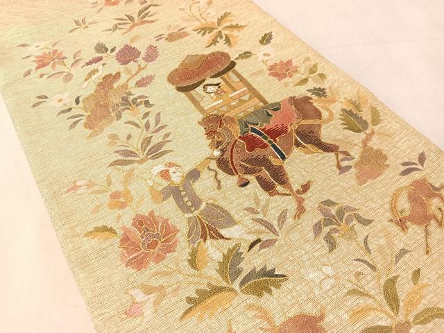 平和屋着物●太鼓柄袋帯 螺鈿 駒刺繍 人物風景文 金糸 正絹 逸品 未使用 CABN2882vp