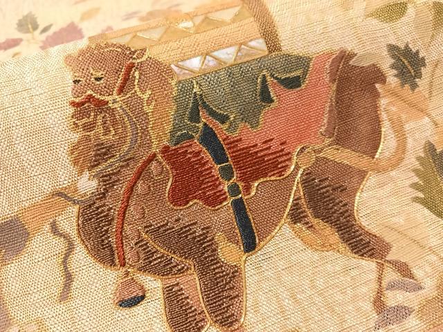 平和屋着物●太鼓柄袋帯 螺鈿 駒刺繍 人物風景文 金糸 正絹 逸品 未使用 CABN2882vp