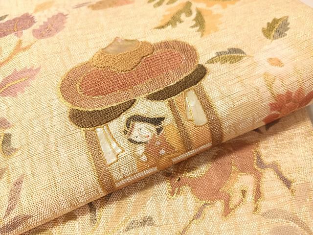 平和屋着物●太鼓柄袋帯 螺鈿 駒刺繍 人物風景文 金糸 正絹 逸品 未使用 CABN2882vp