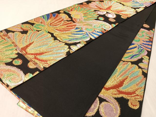 平和屋着物●六通柄 本袋帯 彩麗寿松文 黒地 金糸 正絹 逸品 未使用 CABN2893vp