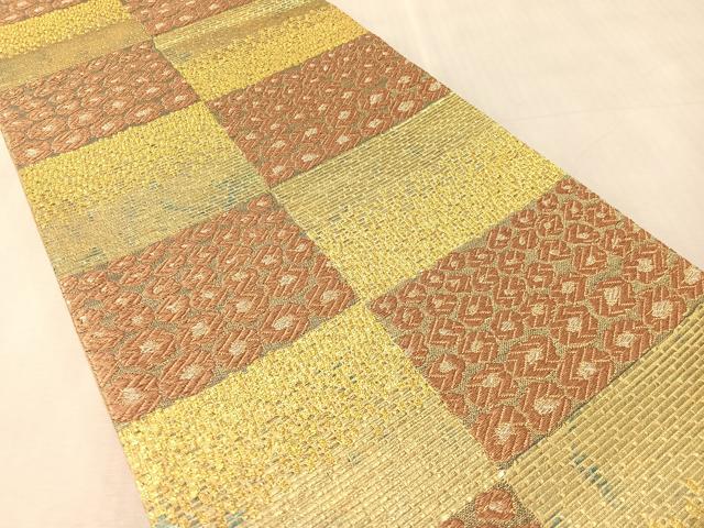 平和屋着物●六通柄袋帯 織音 市松花文 正絹 逸品 未使用 CABN2922vp