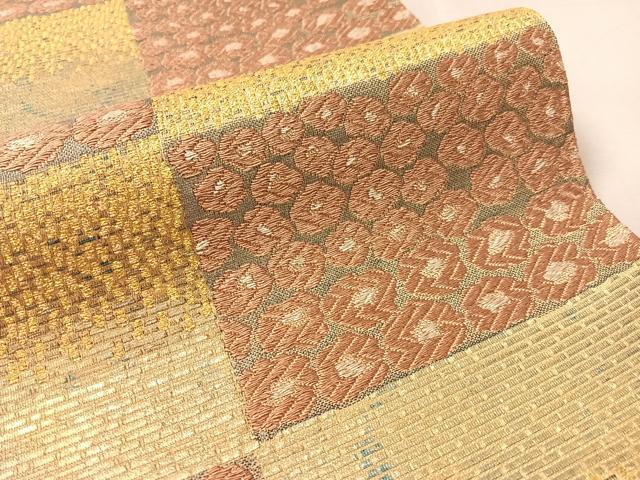 平和屋着物●六通柄袋帯 織音 市松花文 正絹 逸品 未使用 CABN2922vp