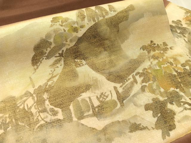 平和屋着物▼塩瀬 九寸袋帯 作家物 風景文 純金摺箔 正絹 逸品 CABN2994vp