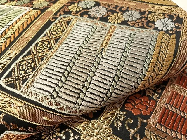 平和屋着物●六通柄袋帯 唐織 鎧縅 黒地 金糸 正絹 逸品 CABN3015vp