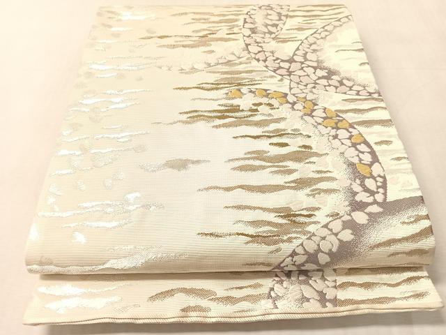平和屋着物●染色作家 石田凱宣 両面 六通柄袋帯 唐織 霞舞桜 銀糸 正絹 逸品 CABN3023vp