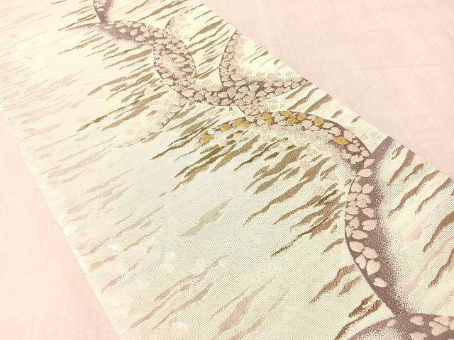 平和屋着物●染色作家 石田凱宣 両面 六通柄袋帯 唐織 霞舞桜 銀糸 正絹 逸品 CABN3023vp